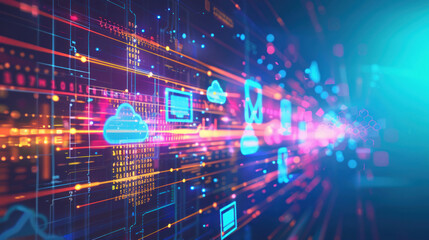 Digital background with cloud computing icons and data streams
