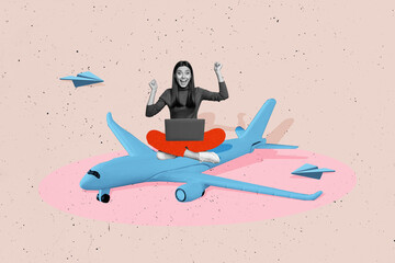 Creative image picture young happy girl tickets online booking vacation abroad airplane flight passenger tourism journey