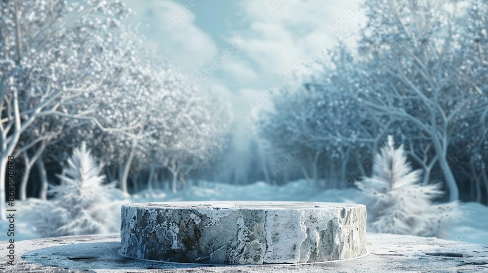 Poster field is covered in snow with a large stone pedestal or podium in the center. the view is serene and