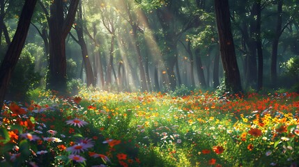 Secluded forest glen filled with wildflowers and sunlight filtering through tall trees