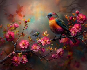 Fototapeta premium Colorful bird perched on a blooming branch with vibrant flowers, portraying a serene natural scene with artistic background.