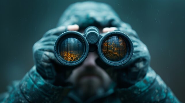 Man in camouflage jacket using binoculars in the forest, with reflections of trees visible in the lenses, capturing a sense of adventure and exploration.