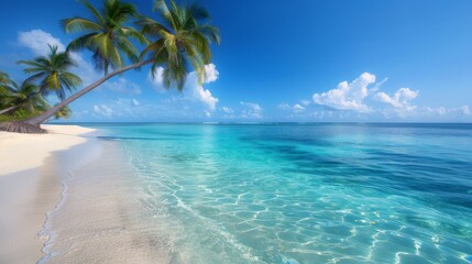 Fototapeta premium Pristine tropical beach with clear turquoise waters, white sandy shore, and palm trees under a bright blue sky. Perfect vacation paradise.