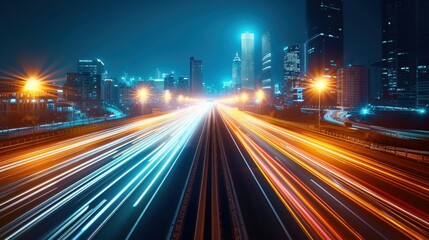 Naklejka premium Busy city highway at night with high speed traffic, headlights and taillights creating light trails, evening rush hour, motion blur, high resolution