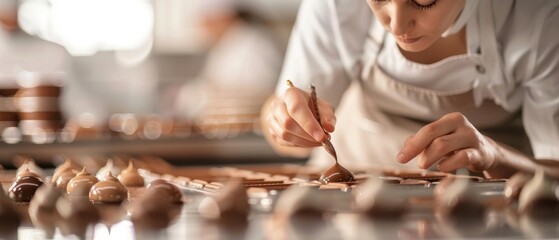 Close-up of hands crafting chocolate bars from cocoa beans, artisan chocolatier at work, high resolution
