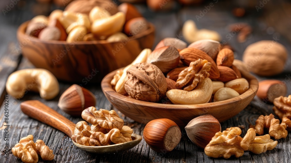 Poster various nuts displayed on a wooden table cedar cashew hazelnut and walnuts with a spoon numerous nut