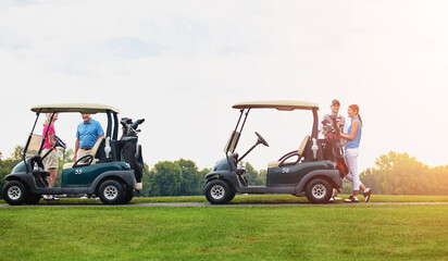 Golf cart, people and happiness with hobby, game and leisure with weekend break, bonding together...