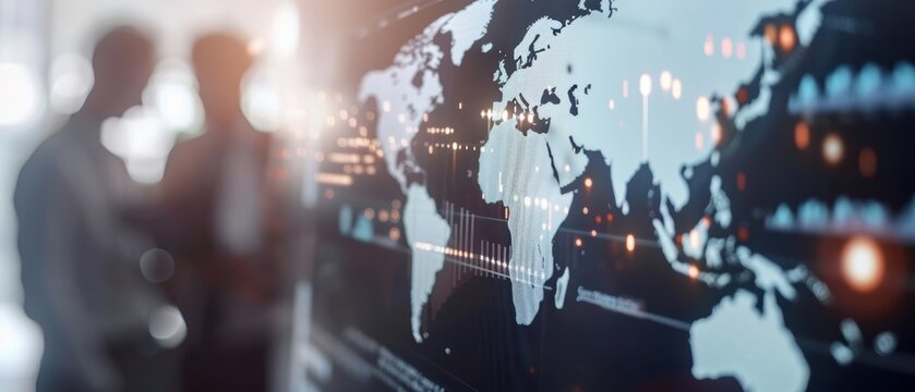 Corporate team discussing international expansion, world map and financial data, detailed and vibrant