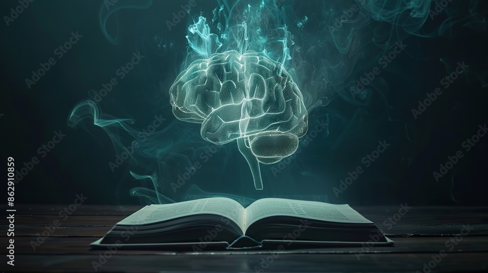 Poster open book with virtual brain hologram. the concept of learning and a high sense of curiosity