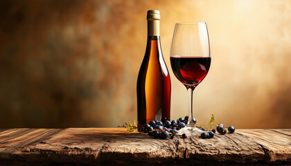 A bottle of wine and a glass in the foreground on a rustic wooden table, positioned on the right, against a diffuse background, with empty space on the left for text.