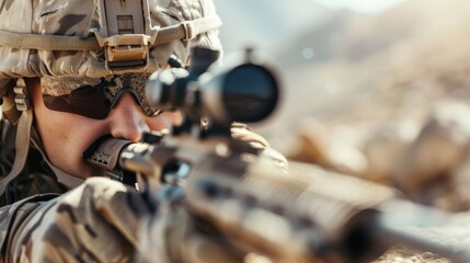 Fototapeta premium Desert commando in camouflage, rifle ready, scanning through arid landscape, intense setting