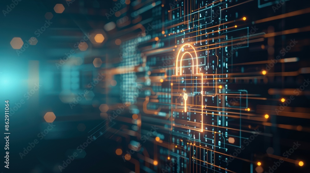 Poster digital lock symbolizing data protection, abstract ai technology background, high resolution and cle