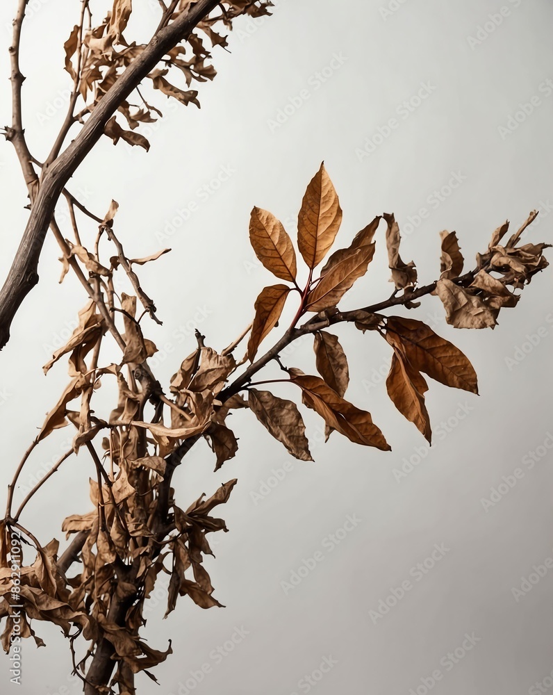 Poster tree branch with dried leaves on plain background for banner with copy space