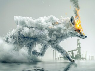 "Arctic Fox Sculpted from Ice with Oil Rig and Fire in the Background"