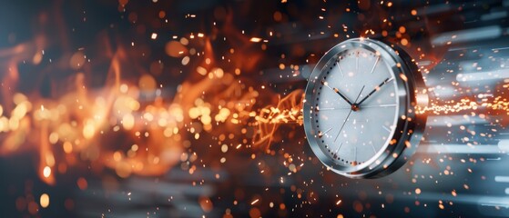 Flaming clock, representing the pressure of deadlines and urgency, running out of time, rush hour stress, detailed and clear