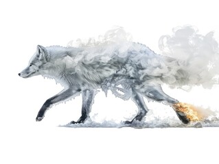 "Arctic Fox Sculpted from Ice with Oil Rig and Fire in the Background"