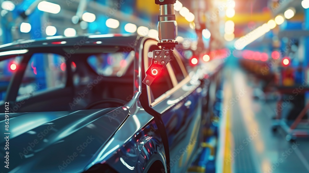 Aufkleber car is being built in a factory with a robot arm at work. a robot is working on a car body in the mi