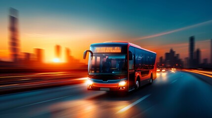 Obraz premium A modern city bus drives along an illuminated urban highway at sunrise, capturing the essence of early morning transit.