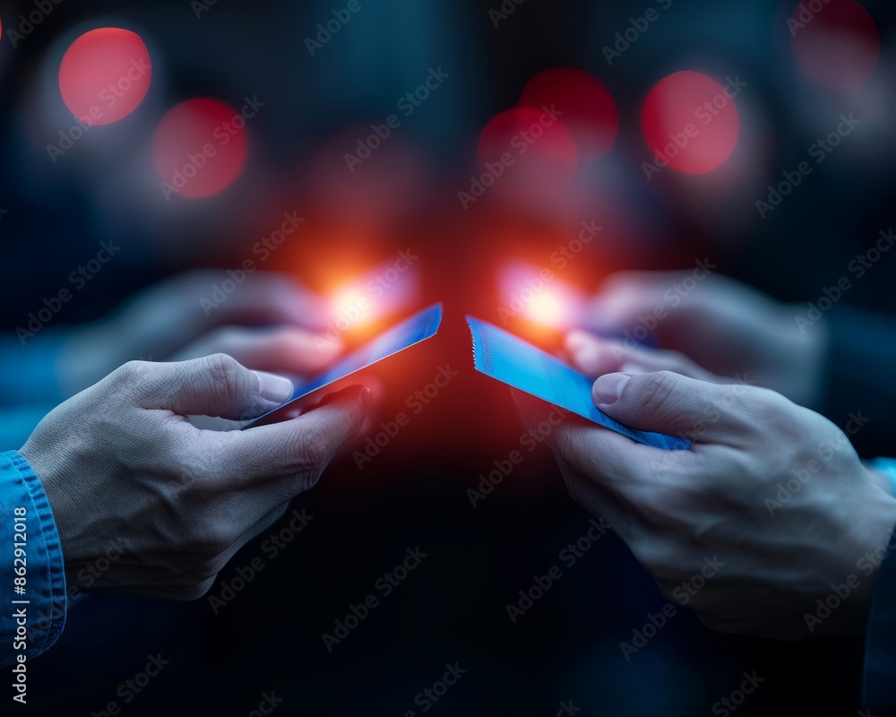 Poster close-up of hands holding smartphones facing each other with glowing lights in a dark environment, s