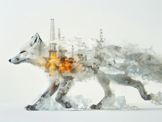 "Arctic Fox Sculpted from Ice with Oil Rig and Fire in the Background"