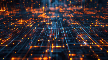 High-tech background with glowing data streams and digital grids