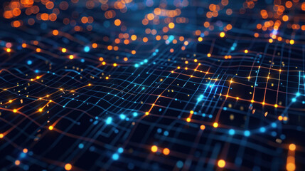 High-tech background with glowing data streams and digital grids