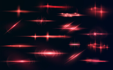 Light red effect reflections, neon illumination in red colors. Bright light lens. Police light effects, lines. Shiny stars, glowing sparks on a black background. Vector red light effect