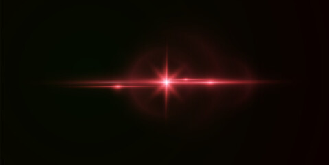 Light red effect reflections, neon illumination in red colors. Bright light lens. Police light effects, lines. Shiny stars, glowing sparks on a black background. Vector red light effect