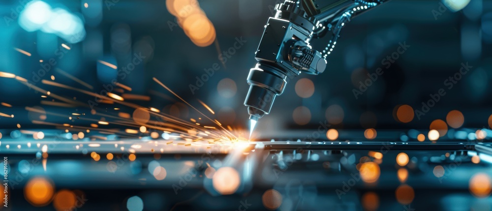 Poster advanced robotic arm using laser for cutting in a dark factory, focus on precision and sparks