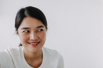 Portrait of asian Thai woman, cunning tricky face and smirk, pointing finger to camera, scheming...