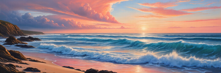 Serene beach scene at sunset, with the ocean's waves gently lapping against the shore and the sky painted in hues of pink and orange.