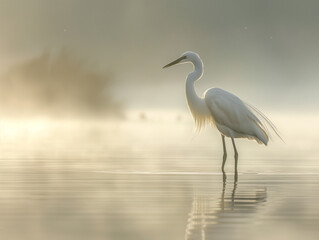 Naklejka premium A solitary white egret stands gracefully in a misty, serene waterscape. 