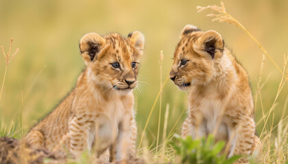 Obraz premium Two lion cubs sitting in the grass, curiously observing each other. 