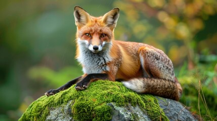 Obraz premium Majestic Wild Fox Perched on Mossy Rock in Natural Forest Habitat