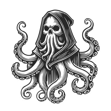 recommend clip art: wizard skull octopus, tattoo line art illustration.