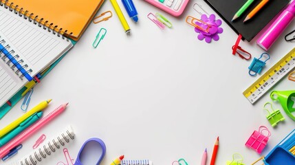 A neatly arranged double border of school supplies on a white background, featuring highlighters, notebooks, and rulers, with clear copy space in the center for messages