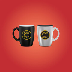 2 black and white cups on a red background, vector logo icon