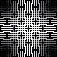 Abstract vector geometric seamless pattern. Black and white background. Monochrome texture with grid, lattice, mesh, lace, grating, fence, net. Modern graphic repeat pattern. Elegant ornament design