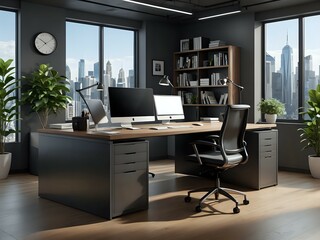 Modern office workspace with two computer screens and city view.
