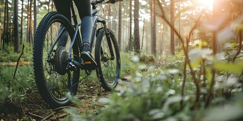 Electric bike riding through green forest with windmills promoting ecofriendly transportation. Concept Ecofriendly Transportation, Green Forests, Electric Bikes, Windmills, Outdoor Adventure