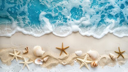 Cool ocean theme with blue water, white and sand, waves, starfish and seashells.