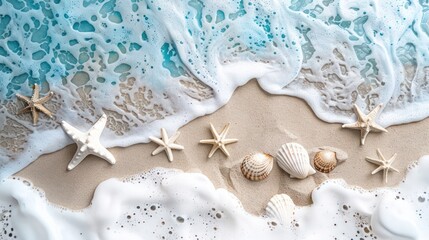 Cool ocean theme with blue water, white and sand, waves, starfish and seashells.