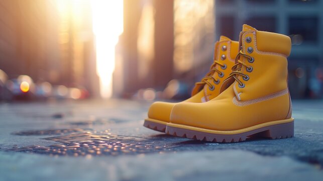 Labor Day ad with yellow construction boots on a blurred urban background, minimalist style, copy space for text