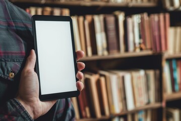 App view beside a shoulder of a man holding an ebook with a fully white screen