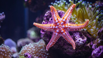 Close-up of a starfish nestled among vibrant coral polyps in an underwater scene, showcasing marine diversity and beauty.
