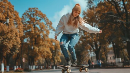Urban Cool: Stylish Model in Casual Streetwear Balancing on Skateboard in Park
