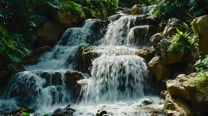 Majestic Waterfall Cascade in Lush Greenery - A dramatic and powerful waterfall flowing over rocks in a scenic natural setting.