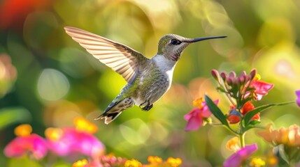 Fototapeta premium Graceful Hummingbird in Vibrant Flight Among Summer Flowers