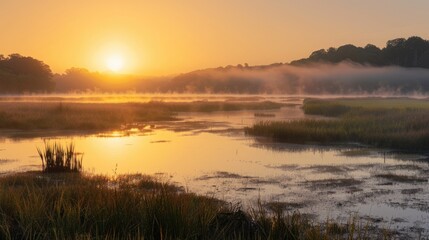 Fototapeta premium Serene Sunrise Over the Marsh - Tranquil Landscape with Golden Sunlight Reflection on Water Surface