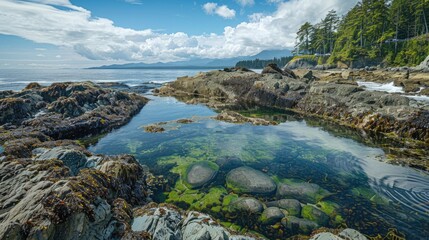 Tranquil Coastal Tide Pools with Vibrant Marine Life and Ocean Framing